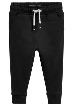Zwarte joggingbroek van zacht materiaal, met een elastische tailleband, grijze trekkoorden, twee zijzakken en taps toelopende boorden.