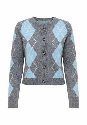 Maglione grigio con motivo a diamante blu chiaro e grigio, chiusura con bottoni, orlo a coste e maniche lunghe. Materiale morbido con una texture lavorata a maglia.