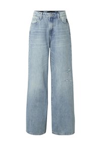 Jean large taille haute bleu clair avec légère déchirure sur les cuisses, poches avant, passants de ceinture et fermeture par bouton.