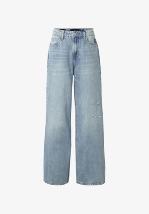 Lichtblauwe jeans met hoge taille en brede pijpen, licht beschadigd op de dijen, met voorzakken, riemlussen en knoopsluiting.