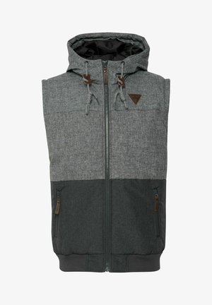 Sivka kapuca brezrokavnik z teksturirano obdelavo, ki ima dvobarvni dizajn, sprednji zadrgo in nastavljive vrvice. Vključuje stranske žepke.