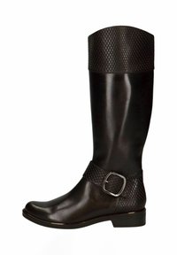 Botas de cuero negras hasta la rodilla con una parte superior texturizada y con patrón, y una sección inferior suave, que presentan un detalle de hebilla plateada en la correa del tobillo.