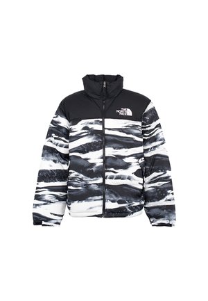 Schwarze und weiße Pufferjacke mit abstraktem Muster. Merkmale sind ein hoher Kragen, ein Reißverschluss vorne und ein Logo auf der linken Brust. Gepolsterte Textur.