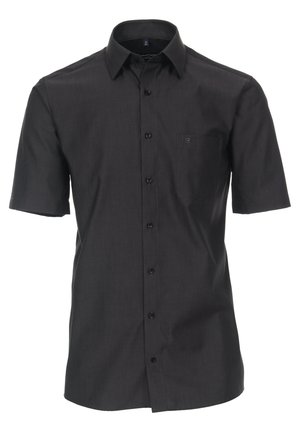 Schwarze kurzärmlige Hemdbluse aus glattem Stoff; verfügt über eine Brusttasche, einen klassischen Kragen und dezente Nähte.