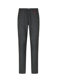 Graue, taillierte Hose aus weichem, strukturiertem Stoff, mit elastischem Bund und einem roten, kreisförmigen Akzent.