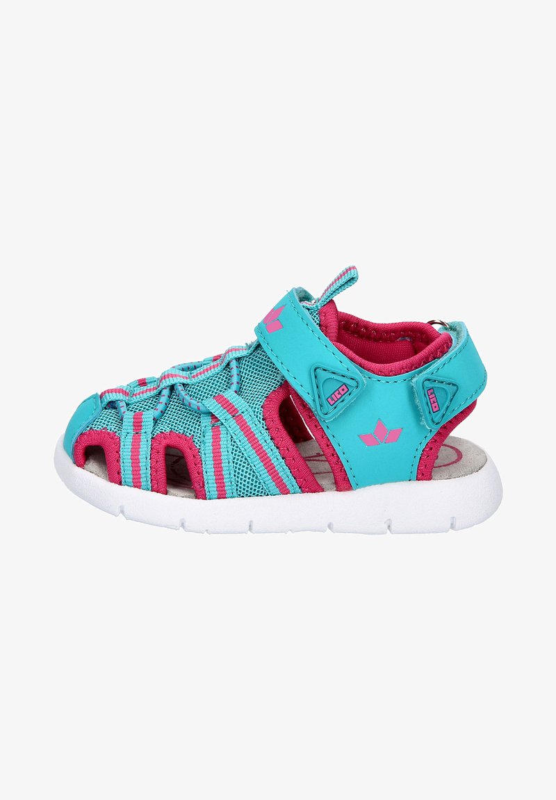 Aqua and pink children’s sandals featuring a mesh upper, adjustable strap, cut-out design, and a white rubber sole.