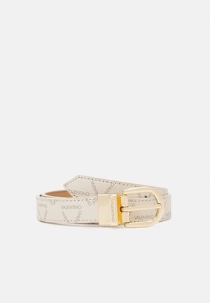 Cream leather belt with repeated Valentino logo print and gold-tone buckle, coiled on a white background.