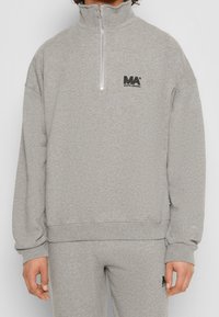 Sudadera gris claro con cuello alto, media cremallera, puños y dobladillo acanalados, con un logo negro en el pecho. Hecha de tela suave.