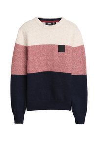 Gebreide trui in crèmekleurig, roze en marineblauwe strepen. Ronde halslijn, lange mouwen, textuurstof, met een klein zwart merkembleem.