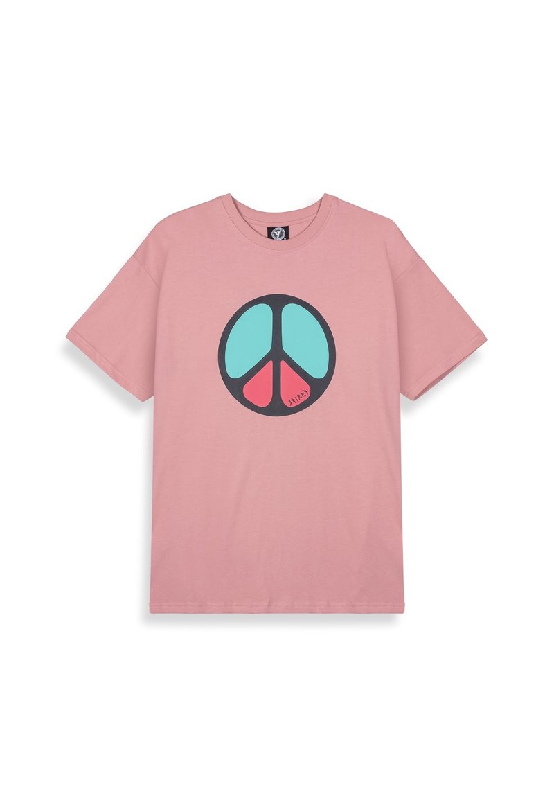 Camiseta de algodón rosa con un gran gráfico de símbolo de paz negro en turquesa y rojo. Mangas cortas, cuello redondo, corte relajado.