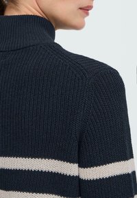 Strickpullover mit hohem Kragen, in dunkelblauer Farbe und breiten cremefarbenen horizontalen Streifen, die strukturierten Stoff und gerippte Akzente zeigen.