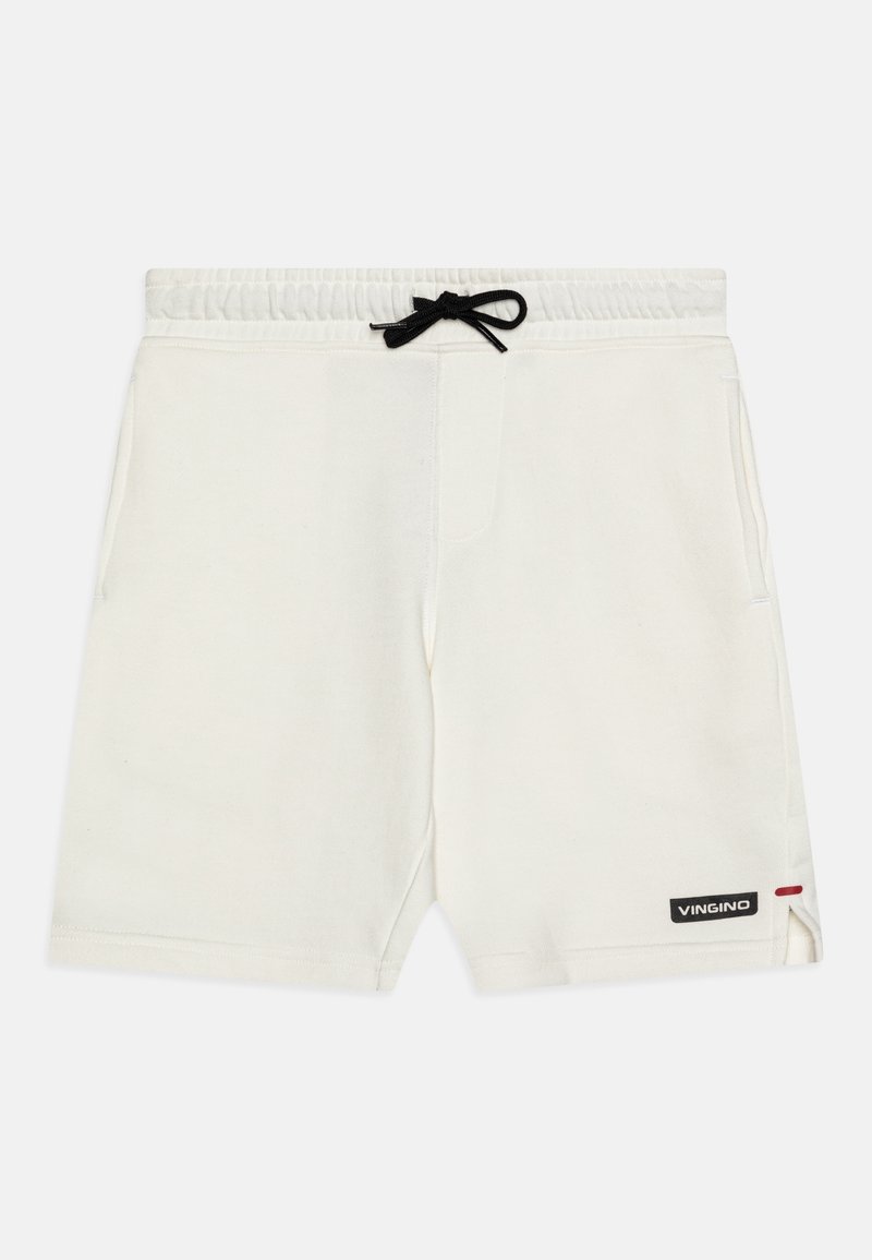 Shorts blancs décontractés avec taille élastique, cordon noir, poches latérales et un petit patch logo "VINGINO" sur la partie inférieure de la jambe gauche.