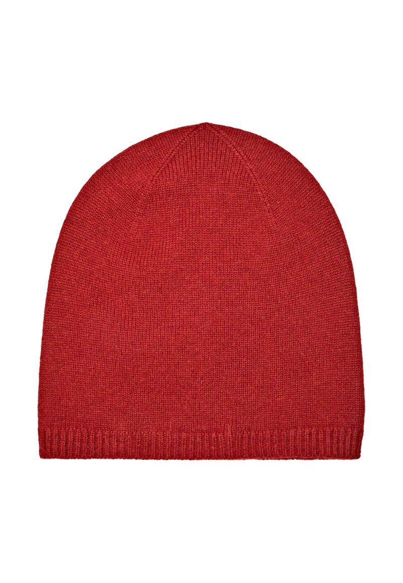 Cappello beanie lavorato a maglia rosso con una texture liscia, cima arrotondata e orlo a costine. Realizzato in materiale morbido, adatto per il freddo.
