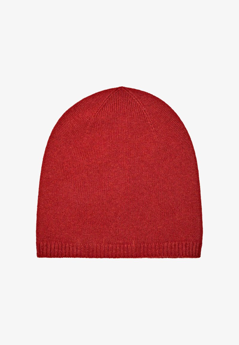 Red knit beanie hat with a smooth texture, rounded top, and ribbed cuff. Made of soft material, suitable for cold weather.