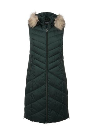 Tmavě zelená péřová vesta s odnímatelnou kapucí z umělé kožešiny, vertikálním prošíváním, předním zipem a bočními kapsami.