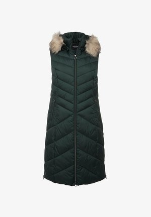 Chaleco acolchado verde oscuro con capucha de piel sintética desmontable, patrón de acolchado vertical, cierre frontal con cremallera y bolsillos laterales.