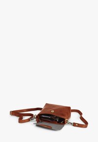 Braune Leder-Crossbody-Tasche mit Klappe, ausgestattet mit einem gestreiften Innenfutter und einer goldenen Hardware-Akzentuierung. Verstellbarer Gurt inklusive.