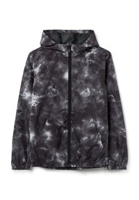 Hoodie in Schwarz- und Grautönen mit Batikmuster, aus nahtlosem Stoff gefertigt; verfügt über elastische Bündchen, Fronttaschen und einen Reißverschluss.