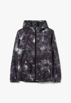 Hoodie in Schwarz- und Grautönen mit Batikmuster, aus nahtlosem Stoff gefertigt; verfügt über elastische Bündchen, Fronttaschen und einen Reißverschluss.