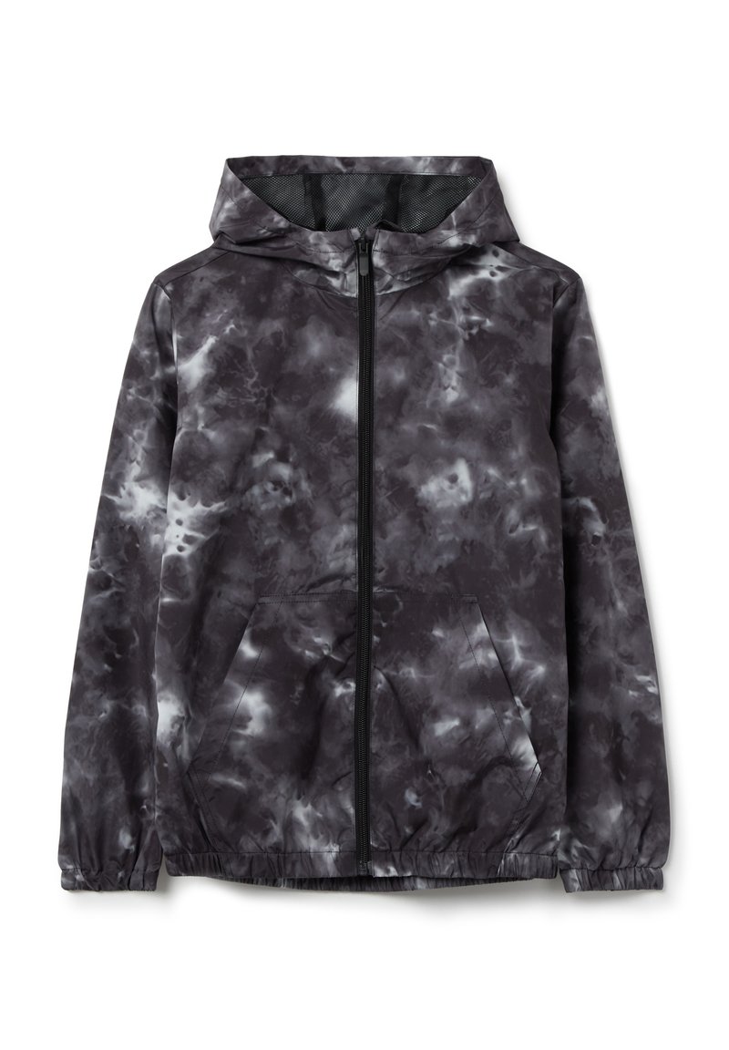 Hoodie in Schwarz- und Grautönen mit Batikmuster, aus nahtlosem Stoff gefertigt; verfügt über elastische Bündchen, Fronttaschen und einen Reißverschluss.