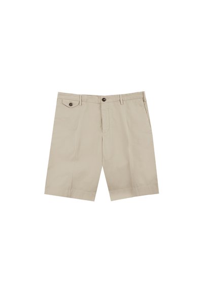 Pantaloni corti in cotone beige con due tasche frontali e dettaglio a bottone. Presentano un davanti piatto e una vestibilità dritta, offrendo un design informale.