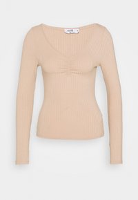 Top a maniche lunghe beige a coste con scollatura a V, caratterizzato da una texture arricciata sulla scollatura. Tessuto morbido ed elastico per una silhouette aderente.