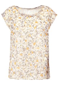 Top in chiffon floreale color crema con un motivo di foglie grigie e gialle. Vestibilità ampia, collo rotondo e maniche corte. Leggero e texturizzato.
