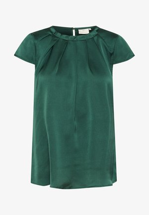 Kratek rokav, temnozeleni bluzon s krožnim izrezom, nagubanimi detajli na ramenih in gladko teksturo tkanine. Ima zadrgo na hrbtu.