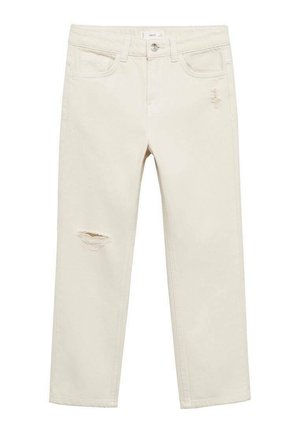 Beżowe jeansy o prostych nogawkach z postrzępionymi akcentami. Wykonane z bawełnianej tkaniny, posiadają pięć kieszeni i przednie zapięcie na guziki.