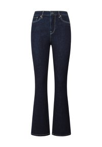 Pantalones vaqueros acampanados de denim azul oscuro con una cintura alta, cinco bolsillos y detalle de costura amarilla a lo largo de las costuras. Textura suave, ajuste regular.
