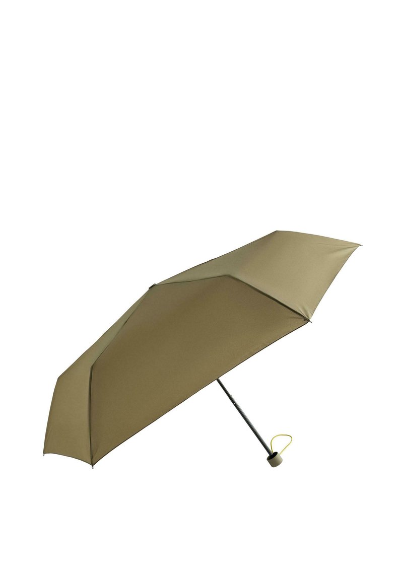 Khaki tkanina dežnik z gladko teksturo, kovinskim okvirom in rumenim poudarkom za enostavno oprijemanje in uporabo.