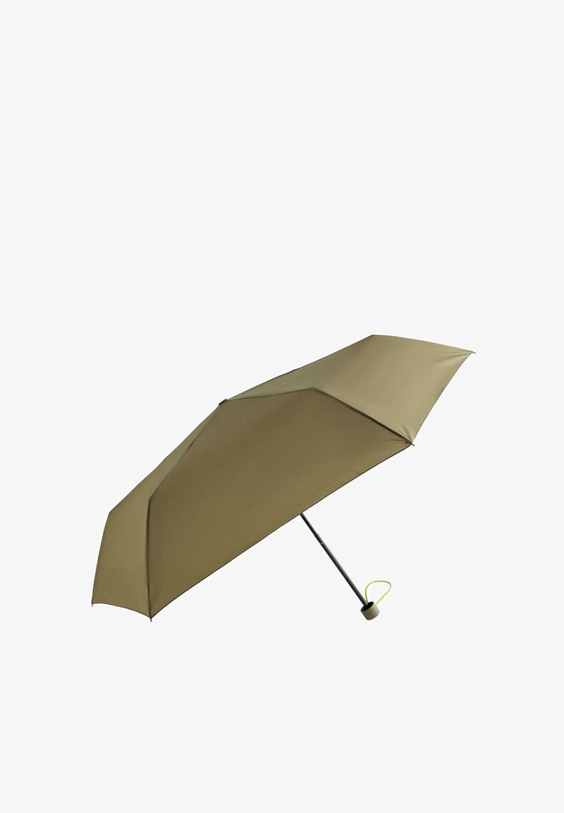Khaki stoffen parasol met een gladde textuur, een metalen frame en een gele accentlus voor gemakkelijk grip en hantering.