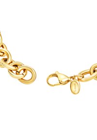 Armband i guldfärgat metall med stora sammanlänkade länkar, försett med karbinhake och en märkt tagg med ingraverad text "BREIL".