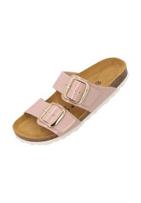 Infradito rosa a due bande con finitura lucida effetto patent, hardware a fibbia in tonalità oro e plantare in sughero imbottito con suola bianca.