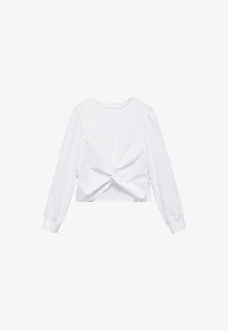 Maglietta bianca a maniche lunghe con scollatura rotonda e dettaglio a nodo sul davanti, realizzata in un tessuto compatto con una vestibilità leggermente strutturata.