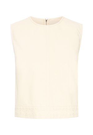 Varrukateta kreemikas top ümarate kaelustega, seljal tõmblukk, vertikaalsed õmblused ja õrna lillemustriga tikand alumise ääre juures.