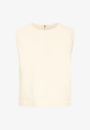 Varrukateta kreemikas top ümarate kaelustega, seljal tõmblukk, vertikaalsed õmblused ja õrna lillemustriga tikand alumise ääre juures.