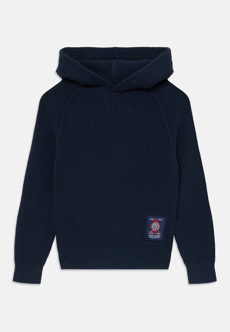Un hoodie en maille bleu marine avec une texture côtelée, une poche kangourou et une étiquette tissée sur le côté droit à l'avant. Dispose d'une capuche structurée.