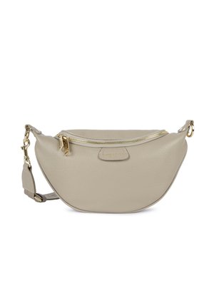 Beige leather waist bag with gold zipper and adjustable strap, semicircular shape, smooth texture.