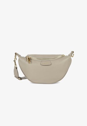 Beige leather waist bag with gold zipper and adjustable strap, semicircular shape, smooth texture.