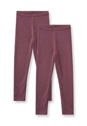 To par ensfarvede lilla ribbede leggings med elastisk linning, lagt fladt på en hvid baggrund.
