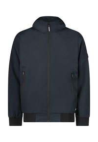 Marinblå huvjacka tillverkad av mjukt material, med full dragkedja, två sidofickor, ribbade muddar och en minimalistisk design utan synliga mönster.