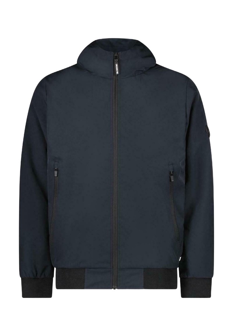 Marinblå huvjacka tillverkad av mjukt material, med full dragkedja, två sidofickor, ribbade muddar och en minimalistisk design utan synliga mönster.