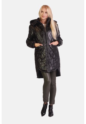 Geknöpfter, schwarzer, steppjacke mit Kapuze, Frontreißverschluss und zwei Seitentaschen. Verfügt über eine glänzende Oberfläche und einen knielangen Schnitt.