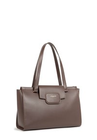 Borsa in pelle marrone Lancaster Paris con doppi manici e pattina anteriore con logo dorato, forma rettangolare strutturata.