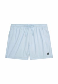Costumi da bagno azzurri in tessuto ad asciugatura rapida, con vita elastica e coulisse, tasche laterali e un logo nero sull'orlo.