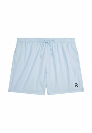 Hellblaue Badehose aus schnelltrocknendem Material, mit elastischem Bund und Kordelzug, seitlichen Taschen und einem schwarzen Logo am Saum.