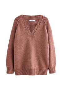 Rostfarbener Strickpullover mit V-Ausschnitt, gerippten Details am Kragen und an den Bündchen sowie einer gesprenkelten Textur. Lockere Passform.