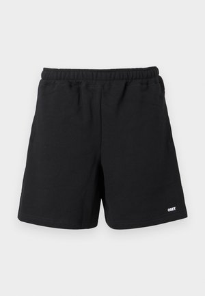 Μαύρα καθημερινά σορτς με ελαστική μέση και πλαϊνές τσέπες, με μικρό λευκό λογότυπο "OBEY" στο κάτω δεξί πόδι.