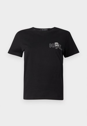 Black short-sleeve t-shirt made of cotton. Features a white graphic with the text "KARL" and a stylized figure on the chest. Round neckline.
